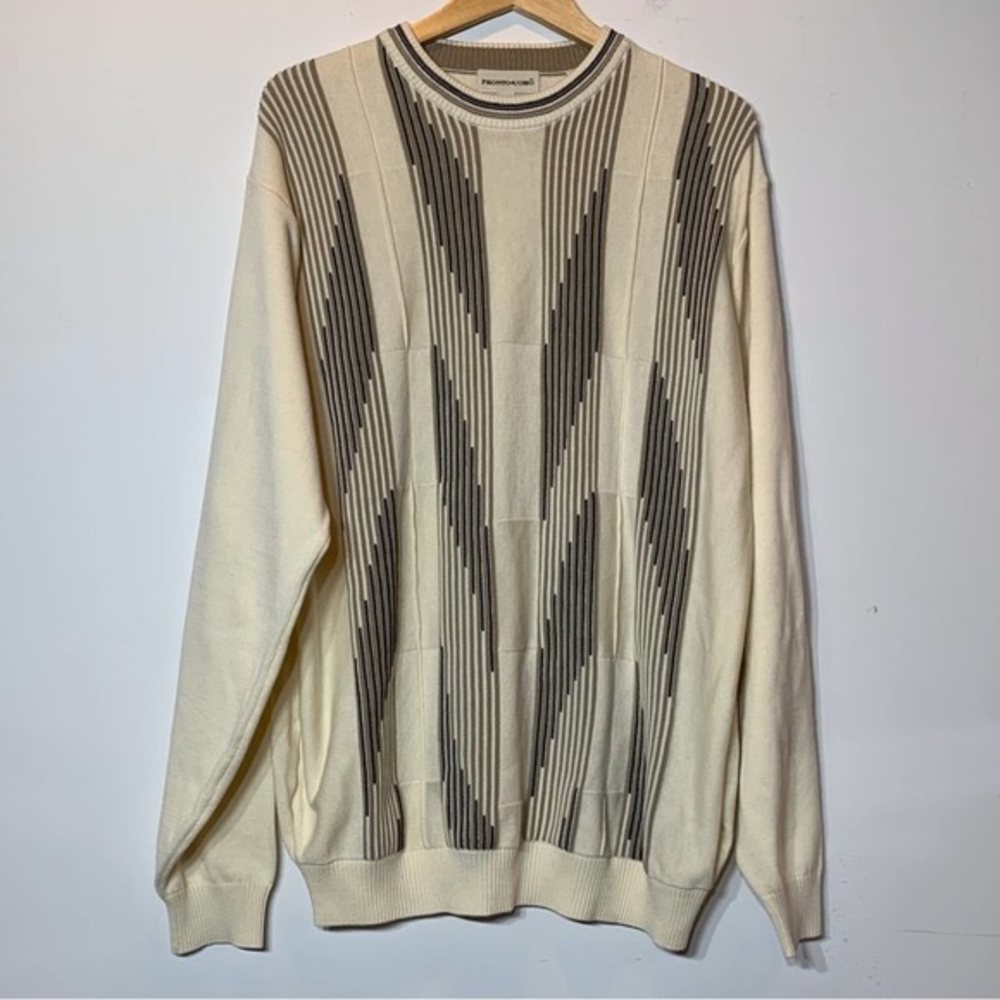 EUC Pronto Uomo Grandpa Golf Sweater Ivory Beige Striped‎ XLT